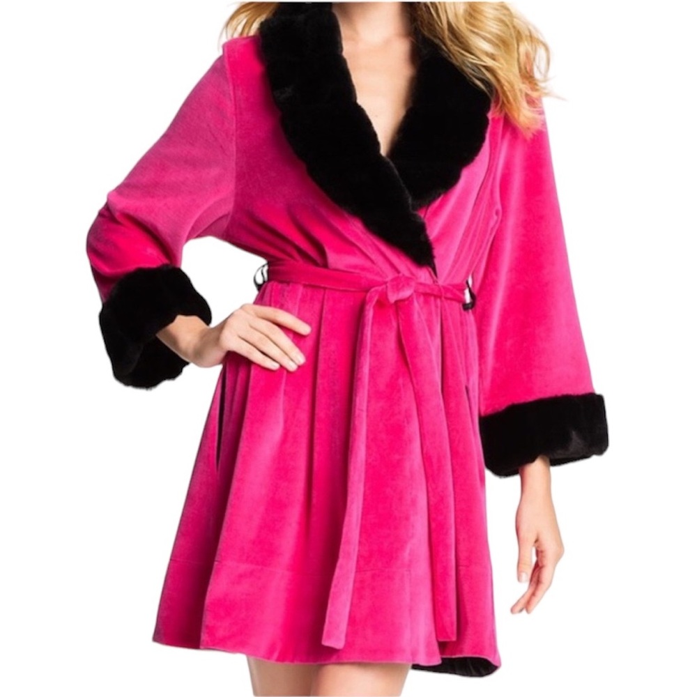 Betsey Johnson Pink Velour and Black Faux Fur Trim Robe Large